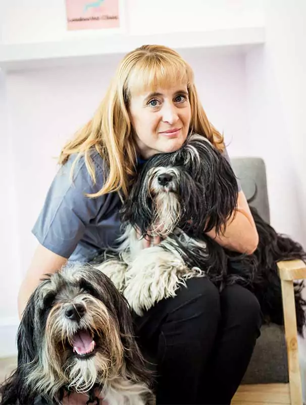 Amanda hugging 2 hairy dogs